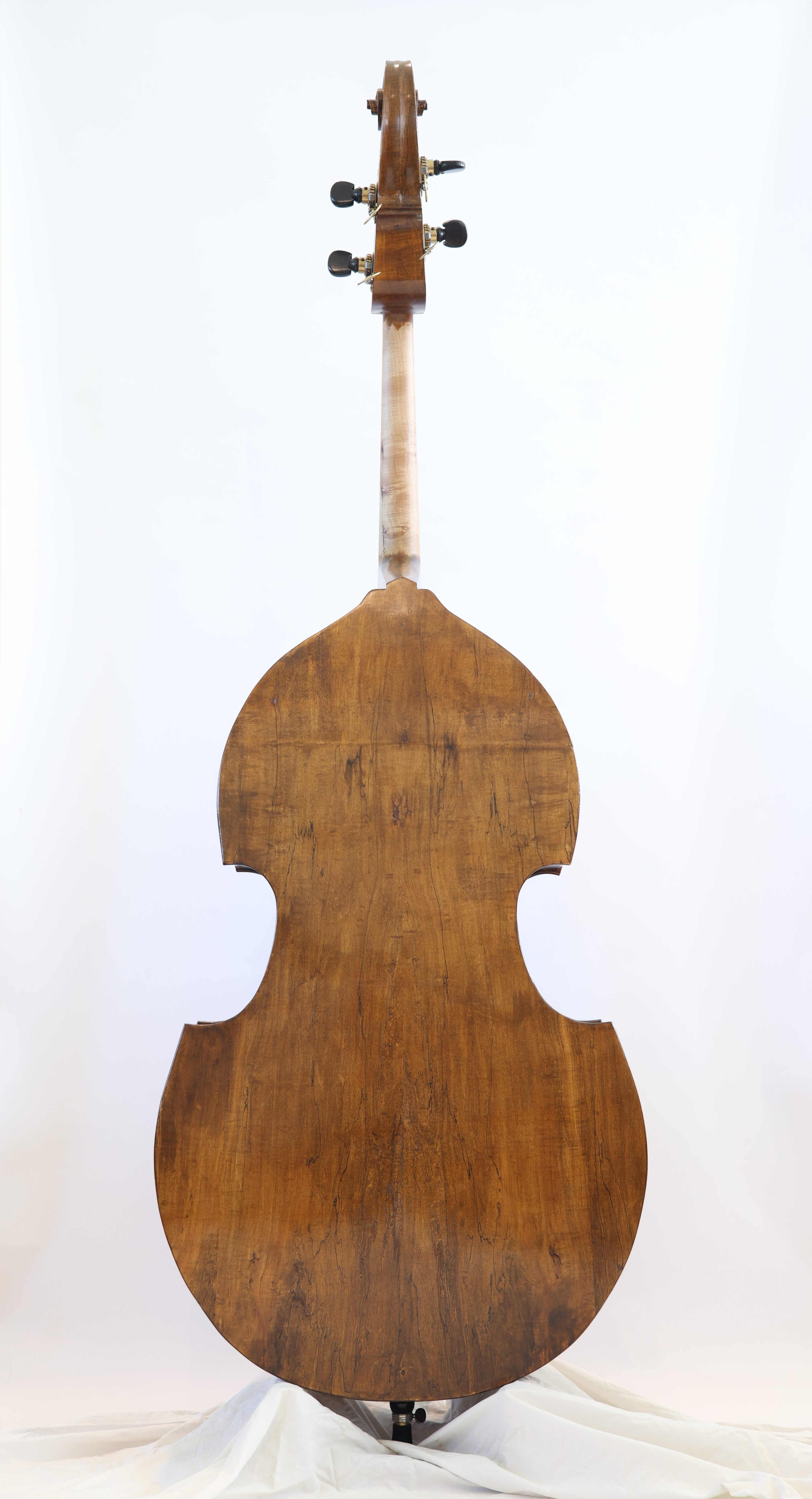 Rear view of a wooden double bass showcasing its curved body and neck.