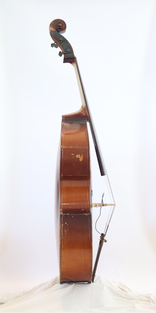 A side view of a vintage double bass, showcasing its curved body and intricate scroll on the neck.